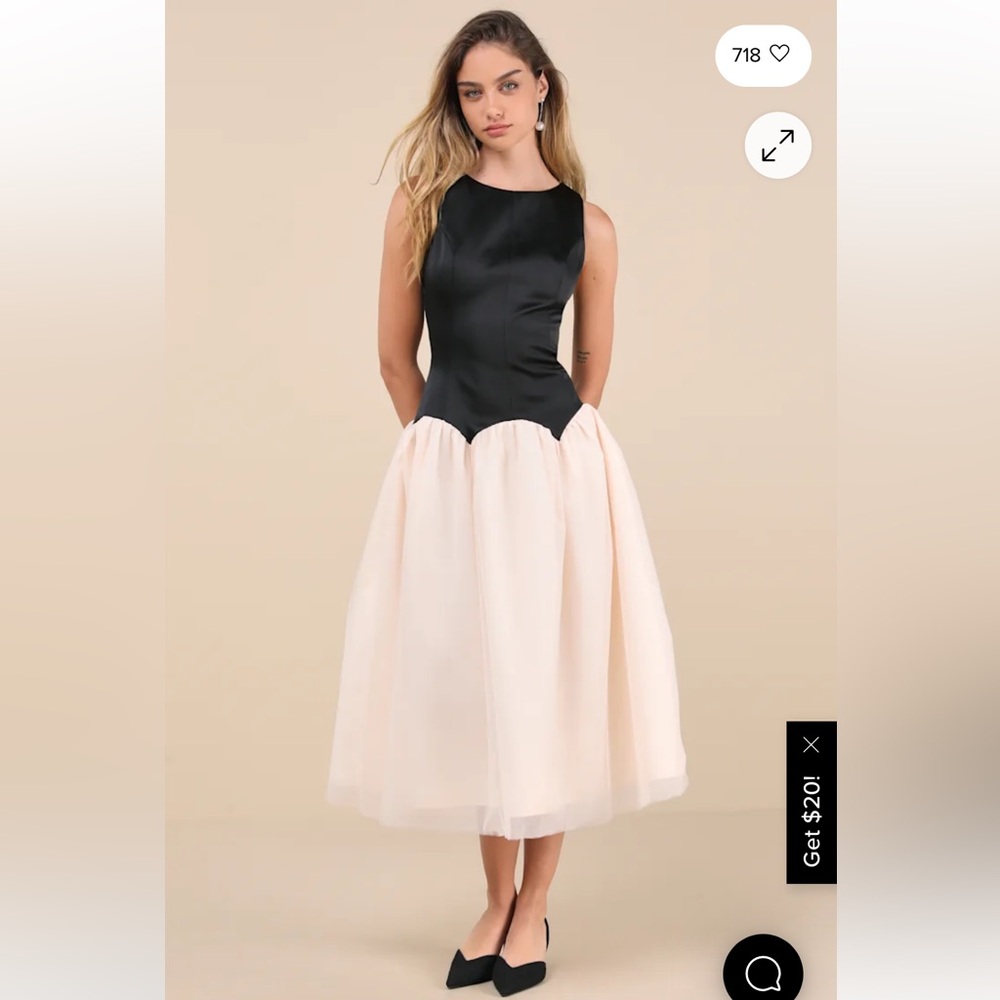 Lulu's Black and Cream Satin and Tulle Midi Dress